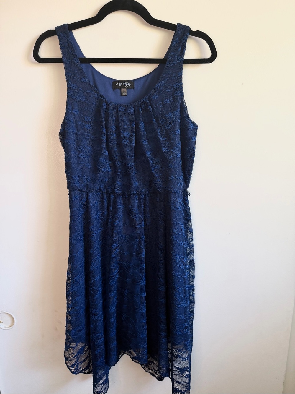 Love Reign Navy Blue Floral Lace Handkerchief Dress Size L